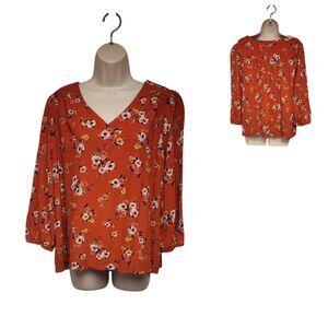 St John Bay V-Neck 3/4 Sleeve Floral Multi-color Orange Blouse Size Large